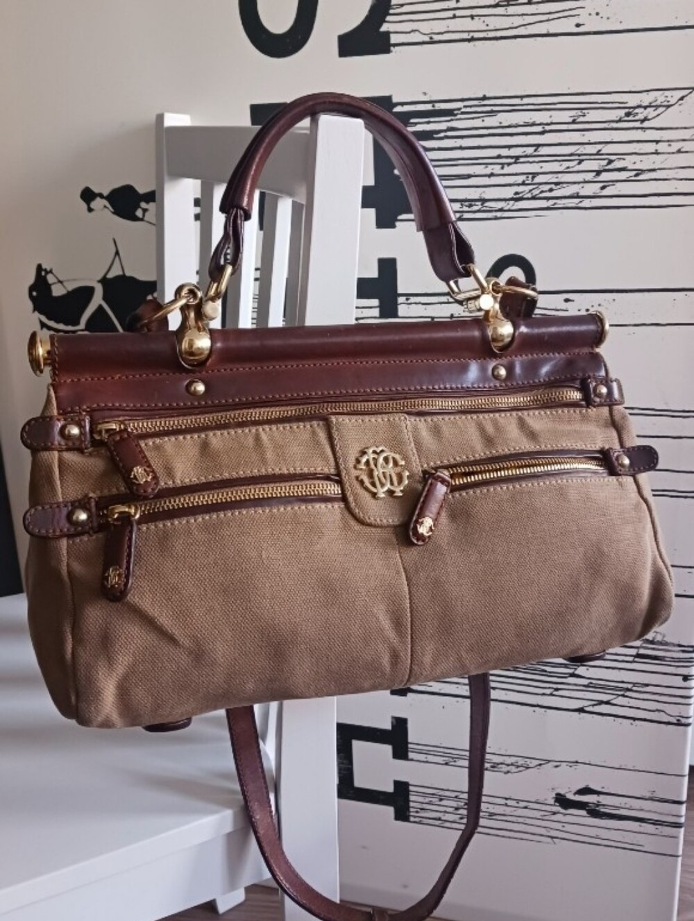 Roberto Cavalli Vintage Satchel Top Handle Canvas and Leather Satchel Handbag